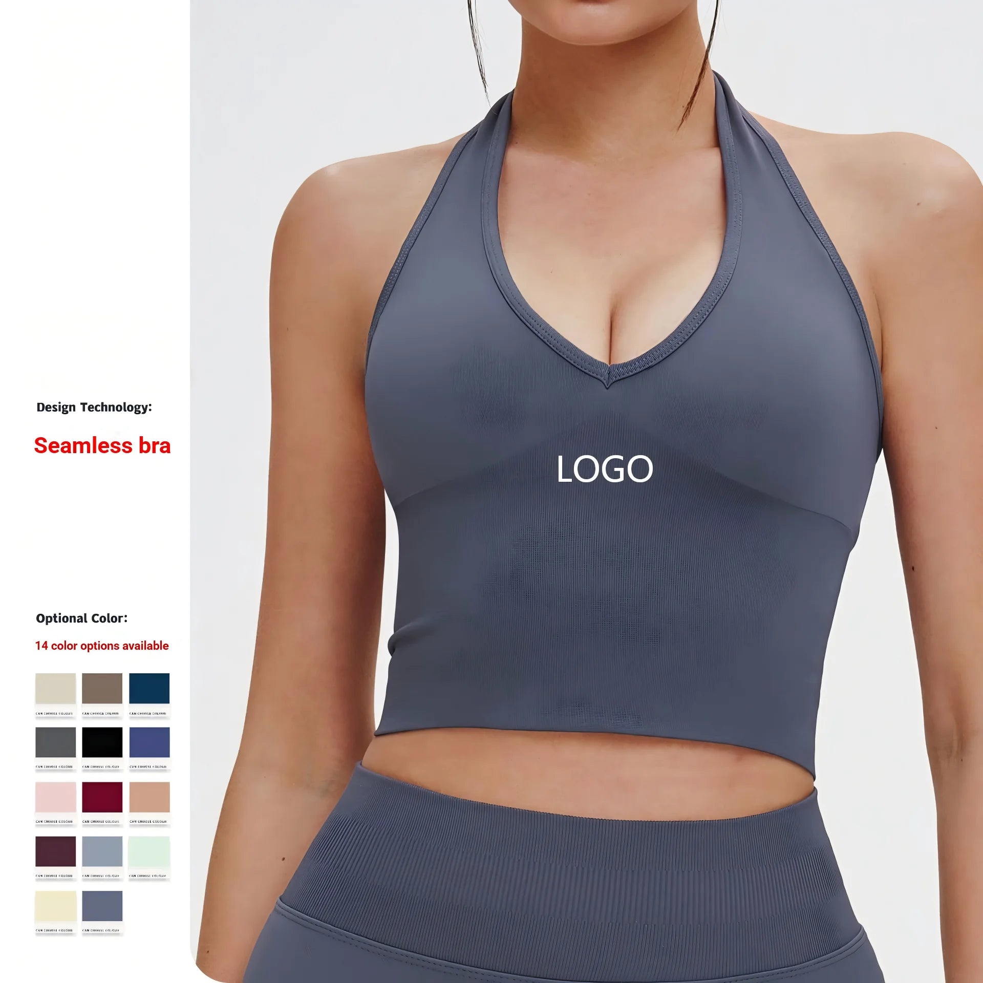 Seamless Halter Yoga Tops Women Custom LOGO Sexy V Neck Backless Sports Bra Gym Workout Crop Top Breathable Pilates Tank