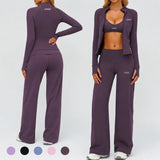 Women's Solid Breathable Racerback Workout Set Yoga Full Zip Jacket Sports Bra Wide Leg Pants 3-Piece 2026 New Fitness Custom