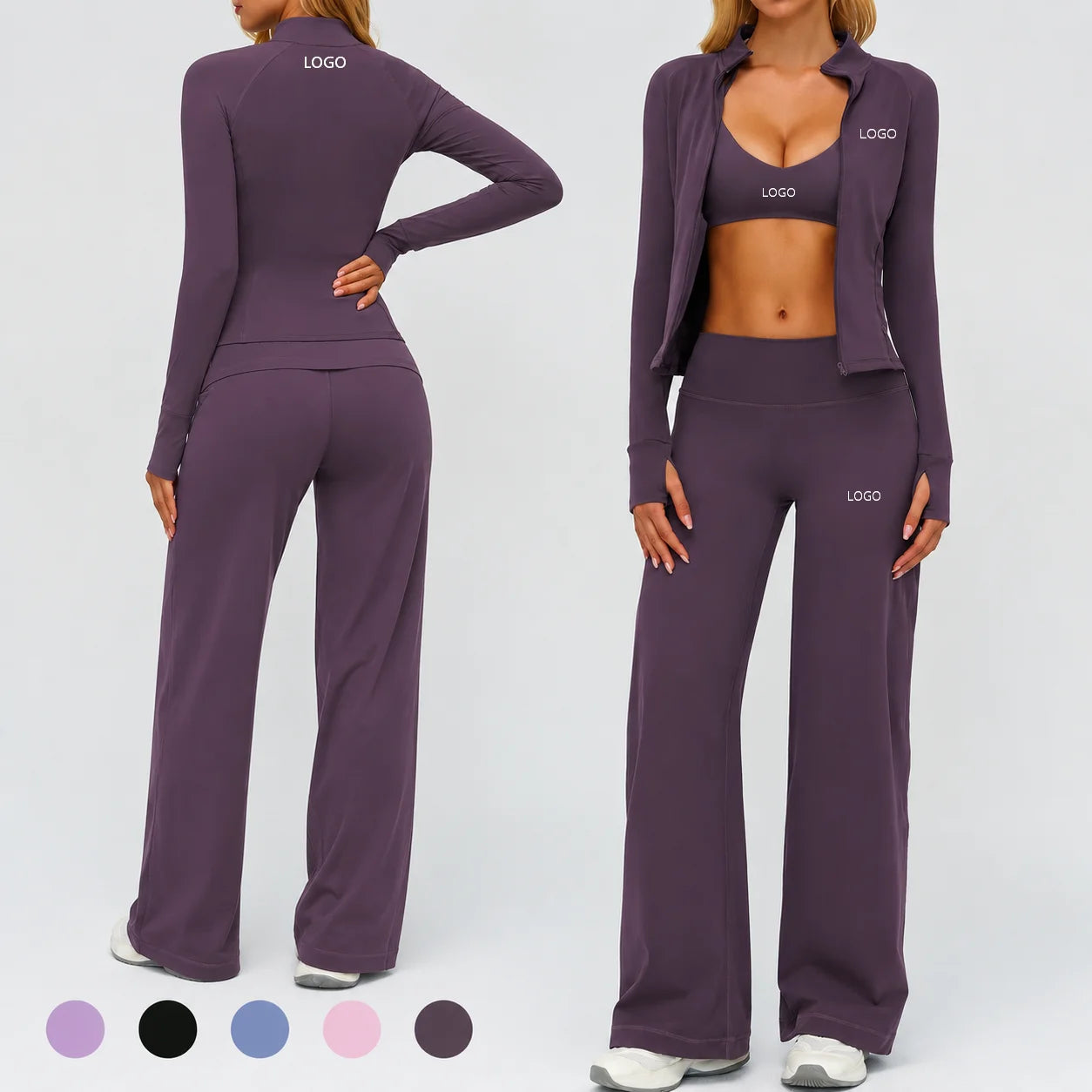 Women's Solid Breathable Racerback Workout Set Yoga Full Zip Jacket Sports Bra Wide Leg Pants 3-Piece 2026 New Fitness Custom