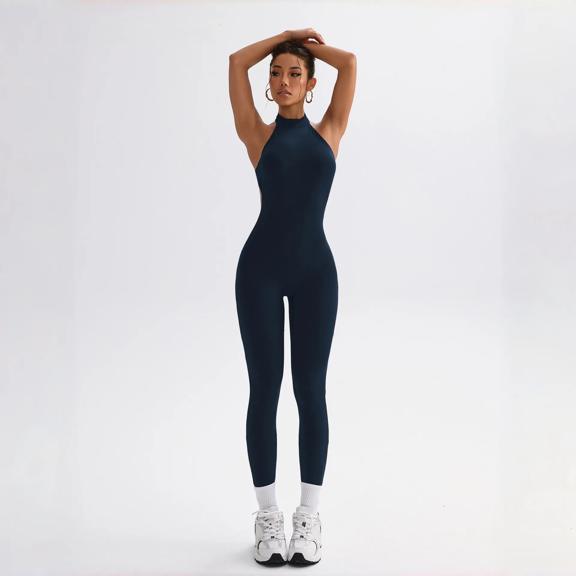 Custom Logo Yoga Bodysuit Halter Neck Backless Scrunch Butt One Piece Jumpsuit Women Gym Fitness Workout Romper Quick Dry