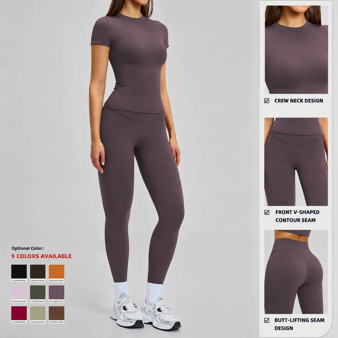 Seamless Solid Active Set Women 2 Piece Breathable Workout Outfits Short Sleeve T Shirt High Waisted Leggings Gym Yoga Set