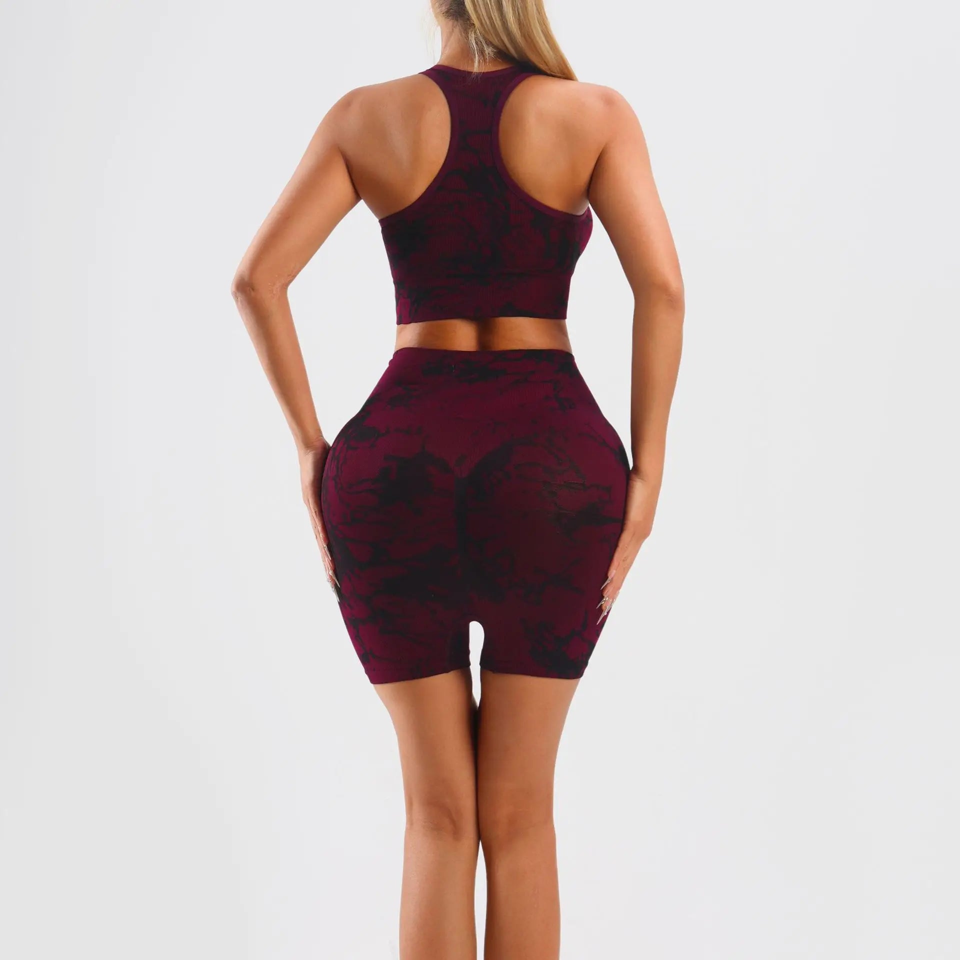 WomenTie Seamless  Dye  Yoga Set Racerback Sports Bra High Waist Scrunch Butt Biker Shorts 2 Piece Workout Set Custom