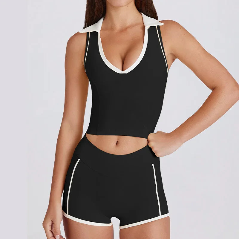 Custom Logo Yoga Set Women Polo Collar Contrast Trim Tennis Shorts Set 2 Piece Gym Workout Fitness Activewear