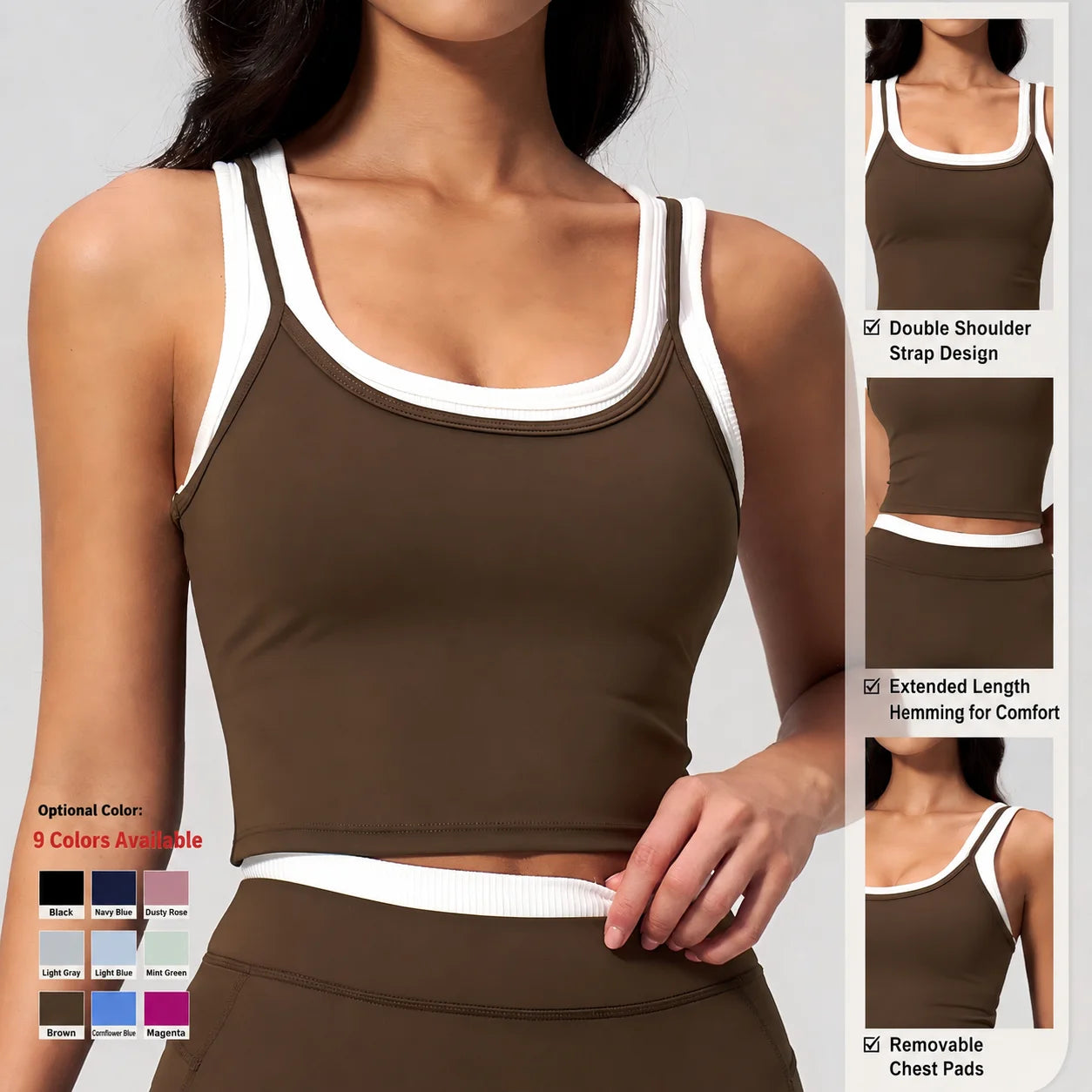 Yoga Tank Top Stitched Vest Faux Two Piece Women Sports Bra Double Strap Gym Fitness Crop Top Quick Dry Custom Logo