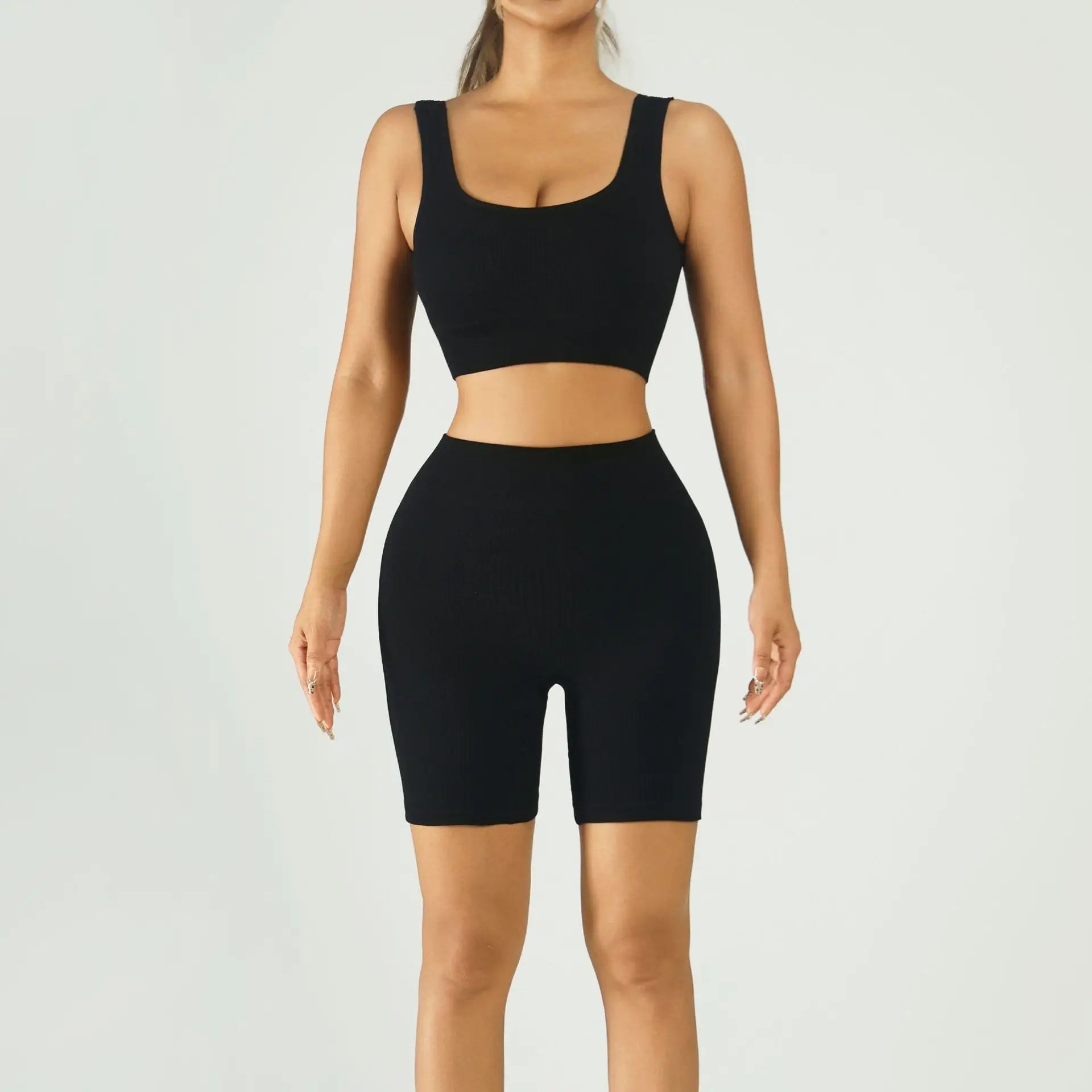 Ribbed Seamless Yoga Set Women U-Neck Sports Bra High Waist Biker Shorts 2 Piece Fitness Workout Set Wholesale
