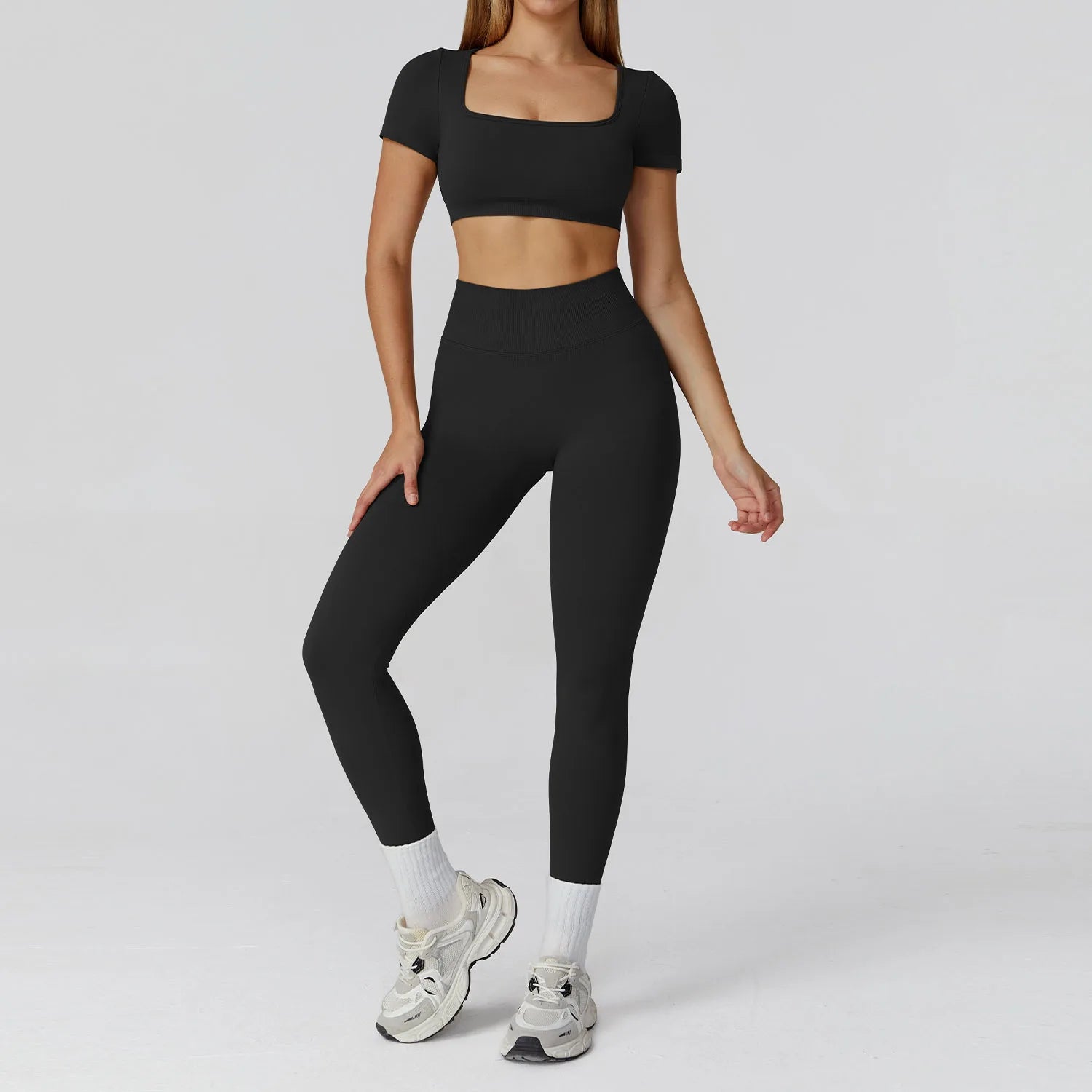 Seamless Hollowed-out High-waisted Yoga Short-sleeved Women's  Custom Yoga Long Pants Running and Fitness Set