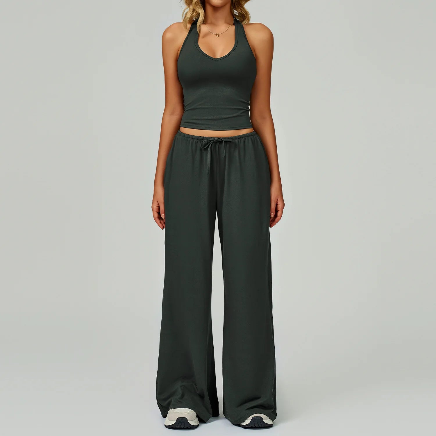 Women 3 Piece Solid Breathable Lounge Set Halter Crop Top Long Sleeve Wrap Cardigan Mid Waist Wide Leg Pants Tracksuit Custom