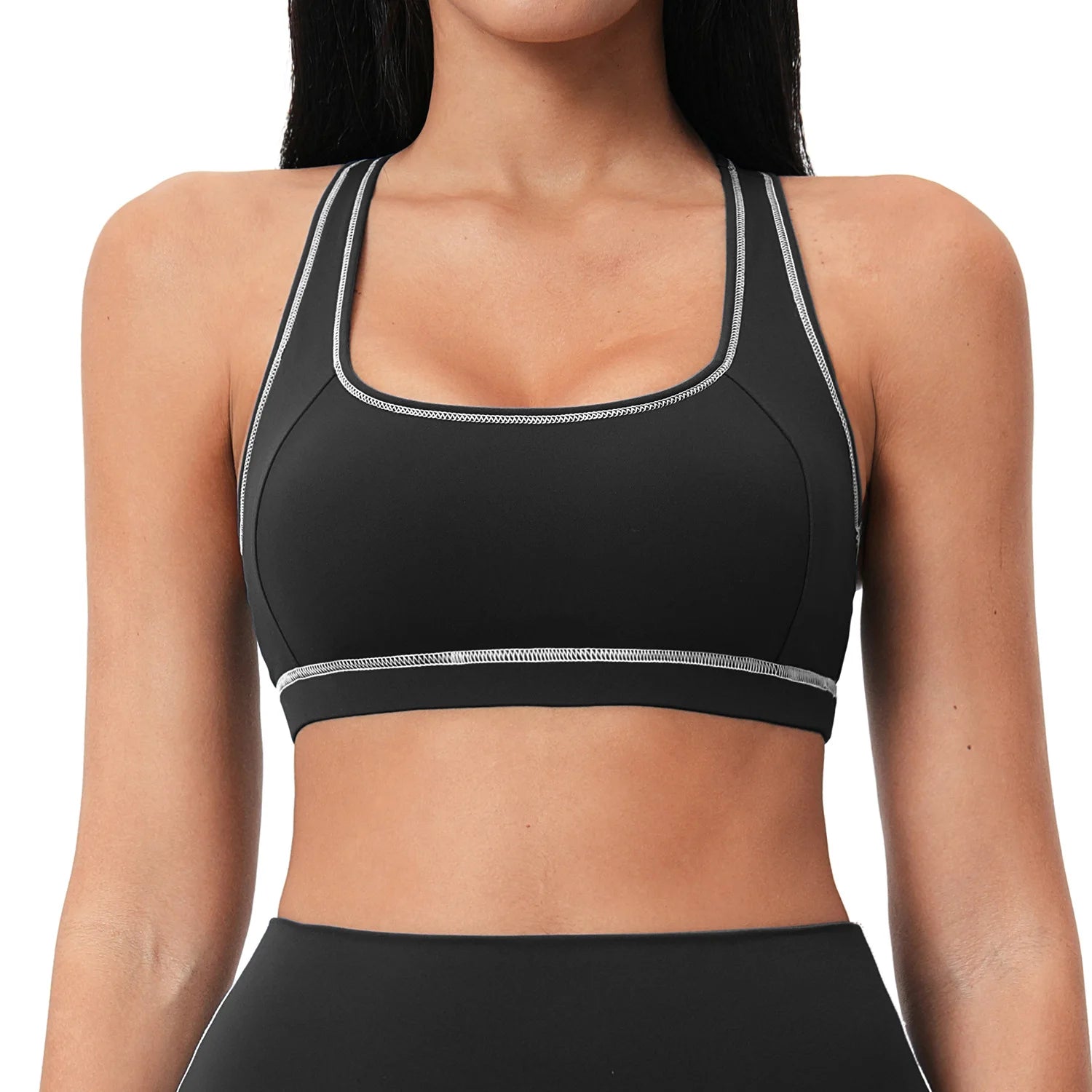 Yoga Tank Top Women Contrast Stitching Built-in Bra Racerback Gym Wear Seamless Workout Sports Vest