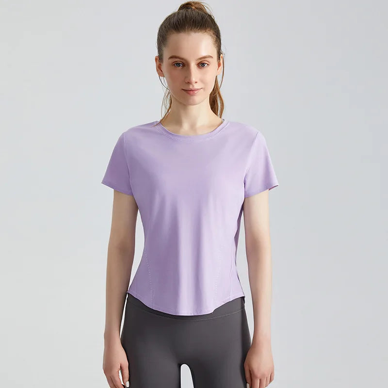 Custom Logo Women's Short Sleeve Gym T Shirt Curved Hem Loose Fit Workout Tops Quick Dry Breathable Running Yoga Tee