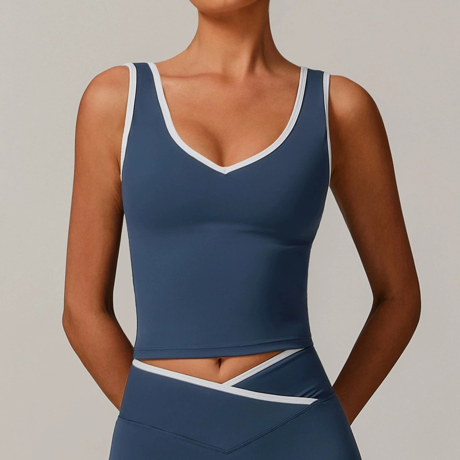Contrast Binding Workout Tank Top Hollow V Back Padded Sports Bra Women Yoga Fitness Tops Para Mujeres Custom Logo