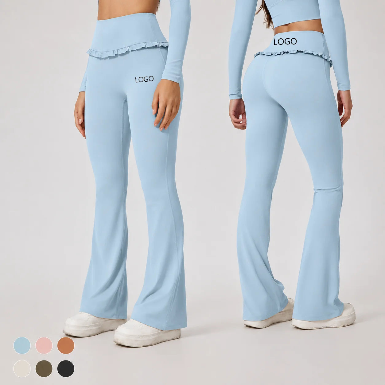 Custom Logo Yoga Pants Flare Pants Ruffle Trim High Waist Women Frill Bell Bottom Leggings Gym Fitness Wear
