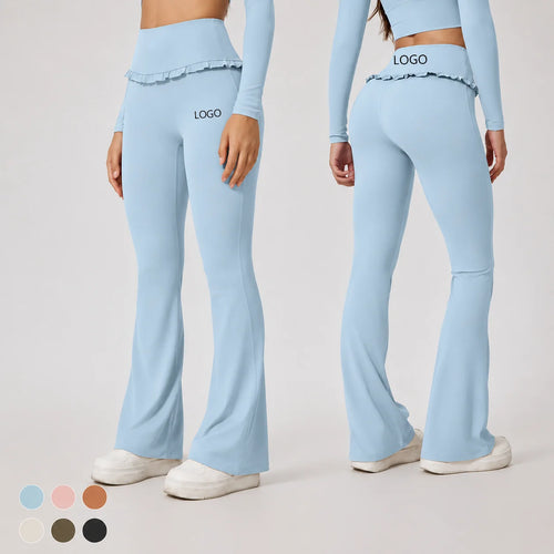 Custom Logo Yoga Pants Flare Pants Ruffle Trim High Waist Women Frill Bell Bottom Leggings Gym Fitness Wear