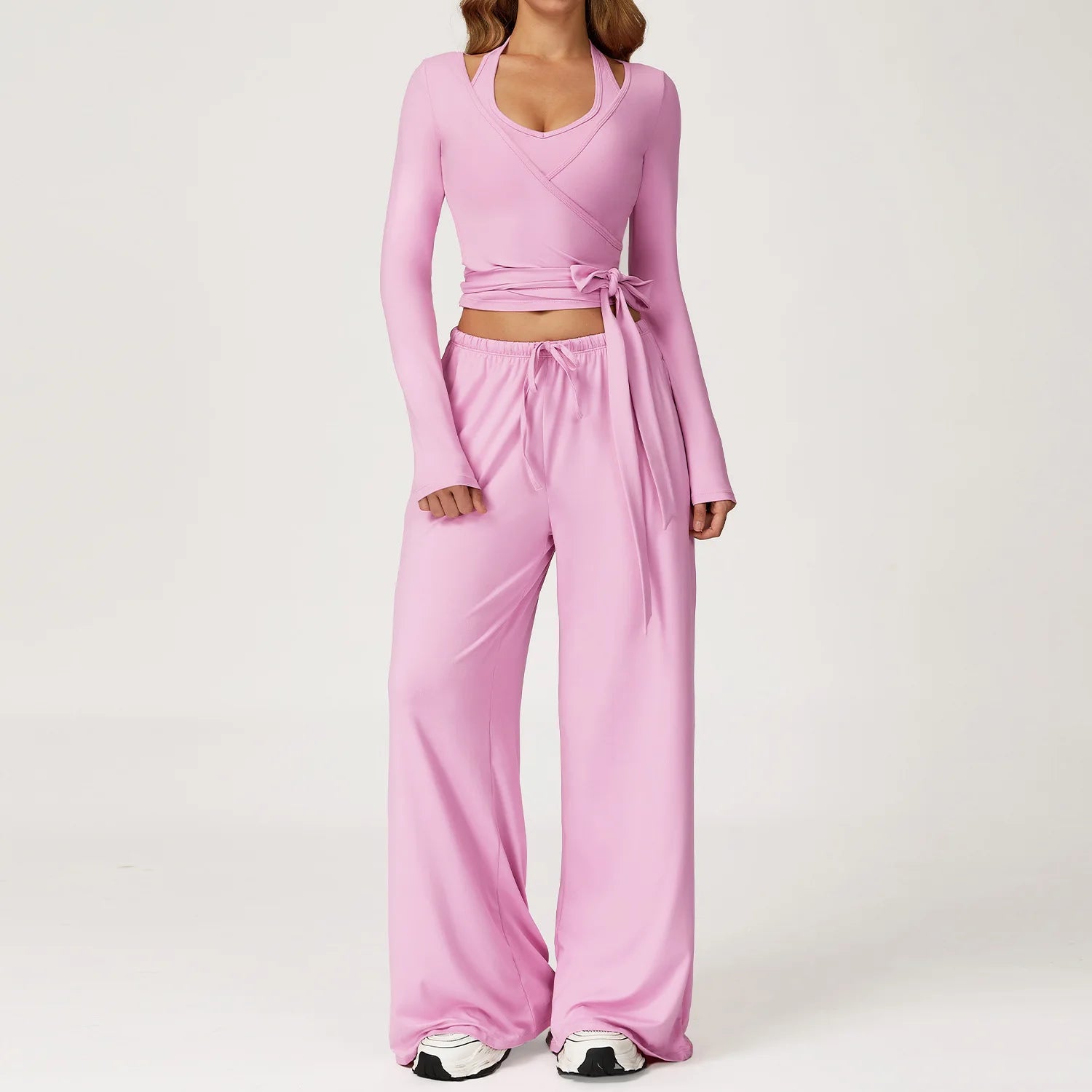 Women 3 Piece Solid Breathable Lounge Set Halter Crop Top Long Sleeve Wrap Cardigan Mid Waist Wide Leg Pants Tracksuit Custom