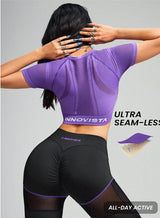 Mesh Fitted Yoga High Elastic Slimming Breathable Fitness Short-Sleeve Top Summer Sportswear Set Front Logo