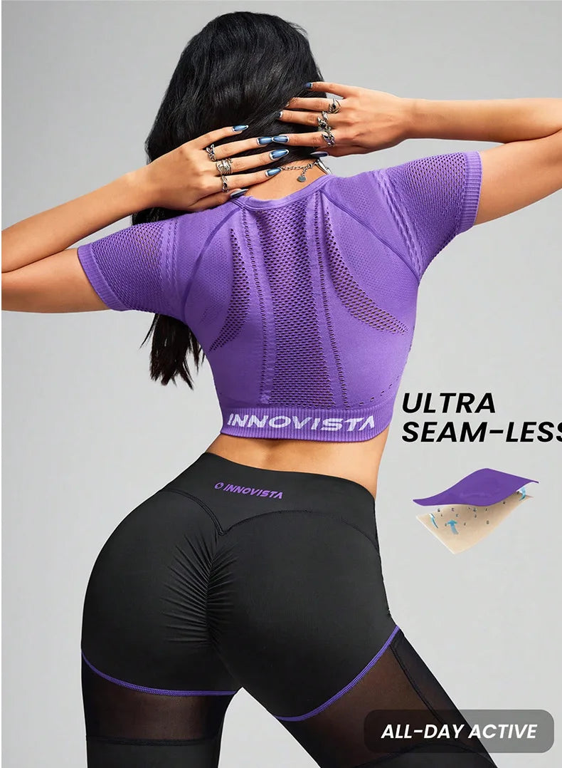Mesh Fitted Yoga High Elastic Slimming Breathable Fitness Short-Sleeve Top Summer Sportswear Set Front Logo
