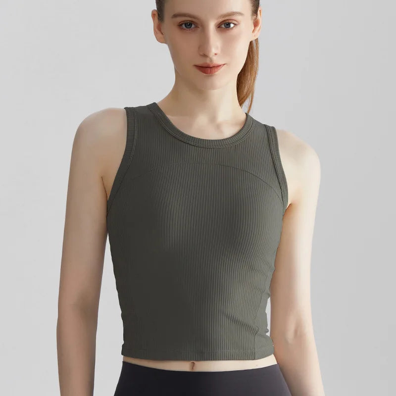 Custom Logo Ribbed Gym Crop Tank Top Crew Neck Sleeveless Workout Shirt Women Seamless Yoga Cami Activewear Tops