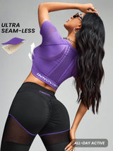 Mesh Fitted Yoga High Elastic Slimming Breathable Fitness Short-Sleeve Top Summer Sportswear Set Front Logo