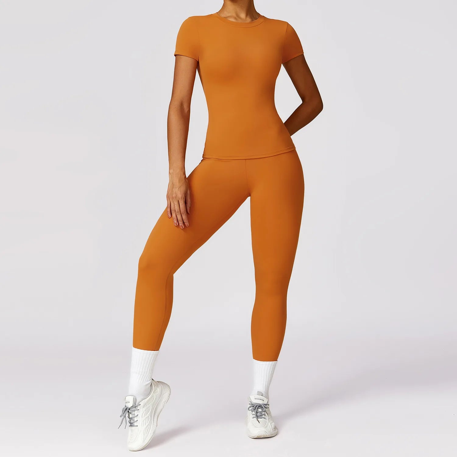 Seamless Solid Active Set Women 2 Piece Breathable Workout Outfits Short Sleeve T Shirt High Waisted Leggings Gym Yoga Set