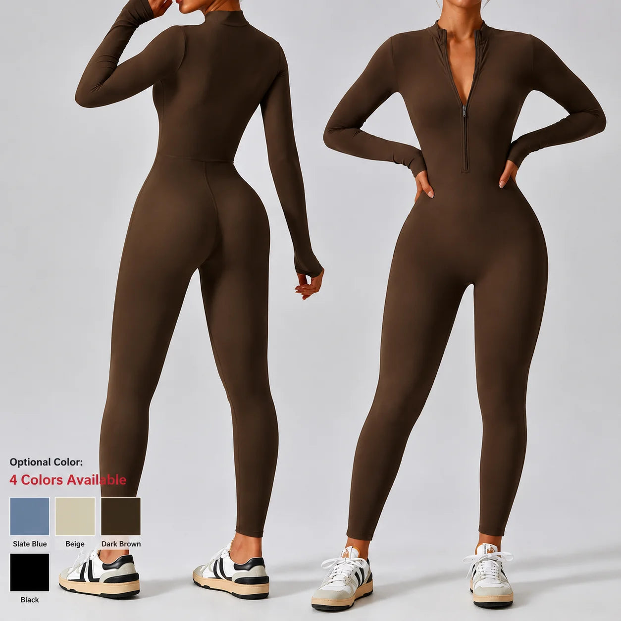 Women Front Zipper Yoga Jumpsuit  One Piece Unitard Gym Workout Bodycon Romper Athletic Wear Long Sleeve