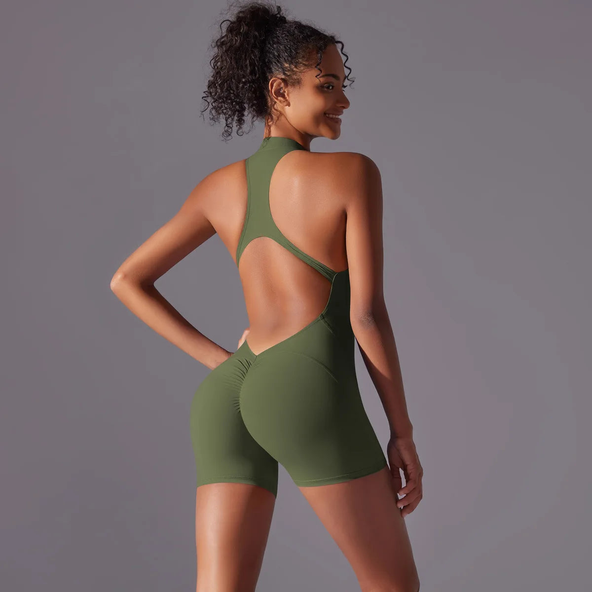 Halter Neck Yoga Jumpsuit Front Zip Backless Romper Scrunch Butt Bodysuit One Piece Shorts Fitness Set Custom LOGO