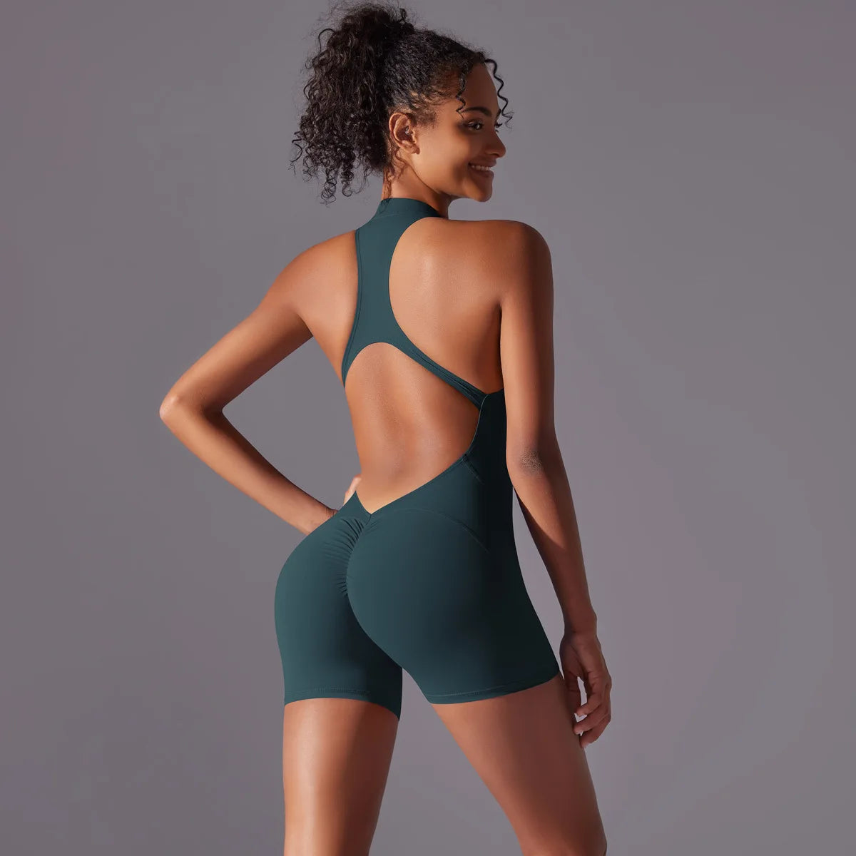 Halter Neck Yoga Jumpsuit Front Zip Backless Romper Scrunch Butt Bodysuit One Piece Shorts Fitness Set Custom LOGO