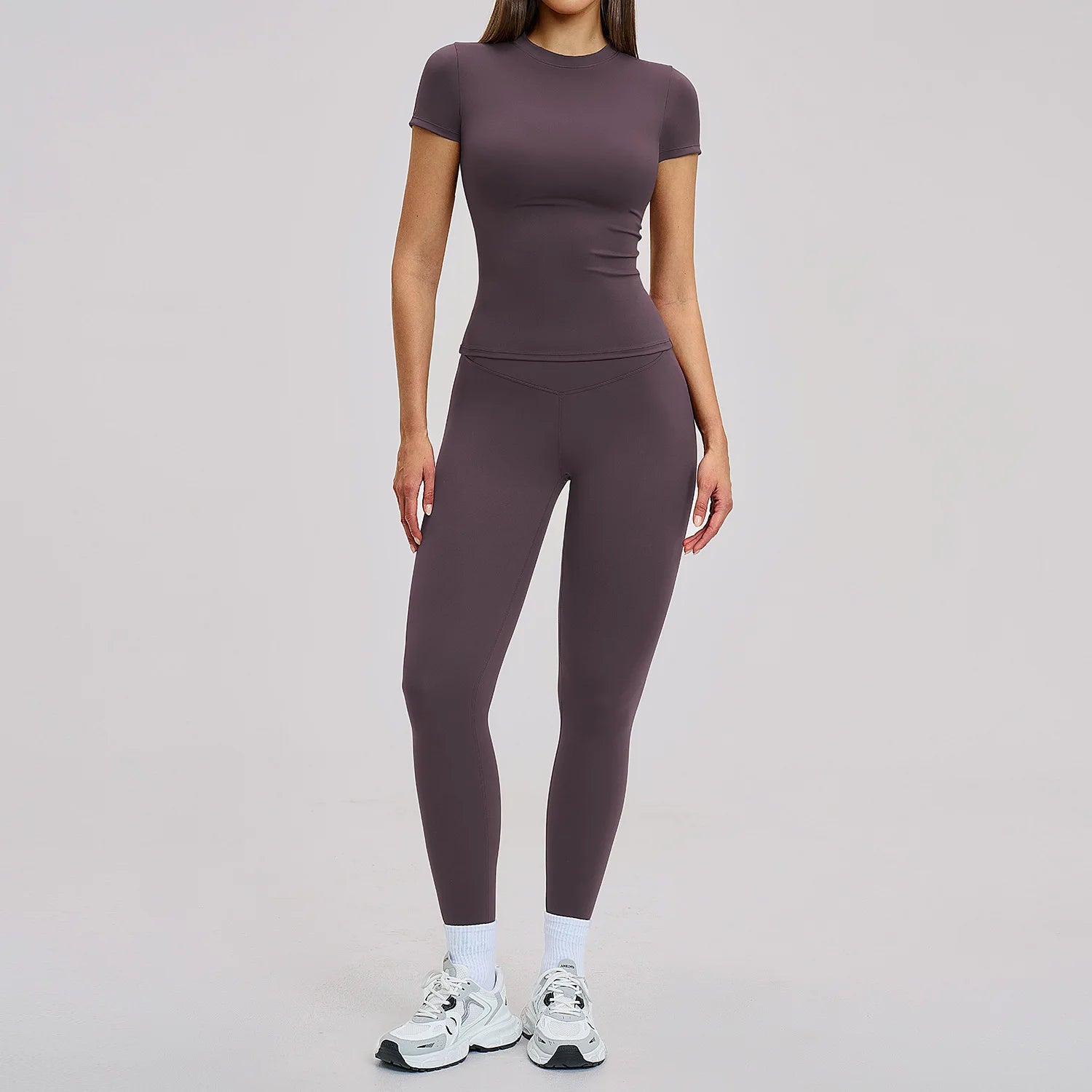 Seamless Solid Active Set Women 2 Piece Breathable Workout Outfits Short Sleeve T Shirt High Waisted Leggings Gym Yoga Set