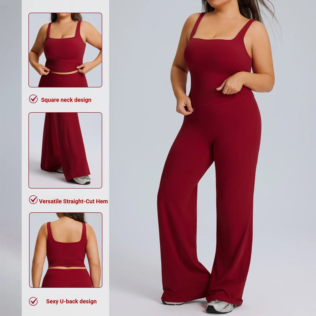 2026 Custom Plus Size Women's Gym&Yoga Sets Sleeveless Activewear Square Neck Top High Waist Wide Leg Flare Pants Fitness Sets