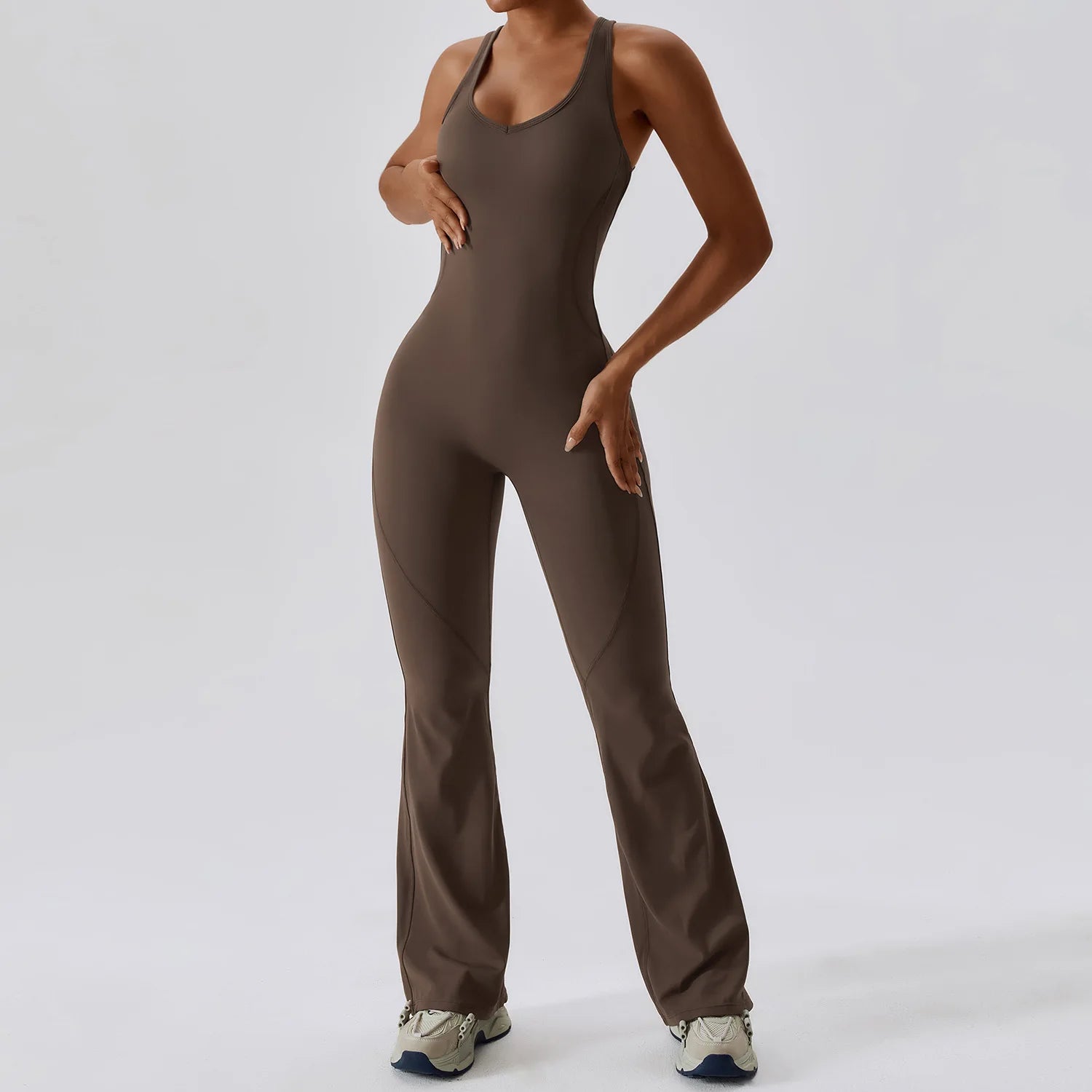Plus Size Elastin Backless Workout Romper Quick Dry Flare Leggings Yoga Jumpsuits Knitted Women Custom  Gym Fitness Bodysuit