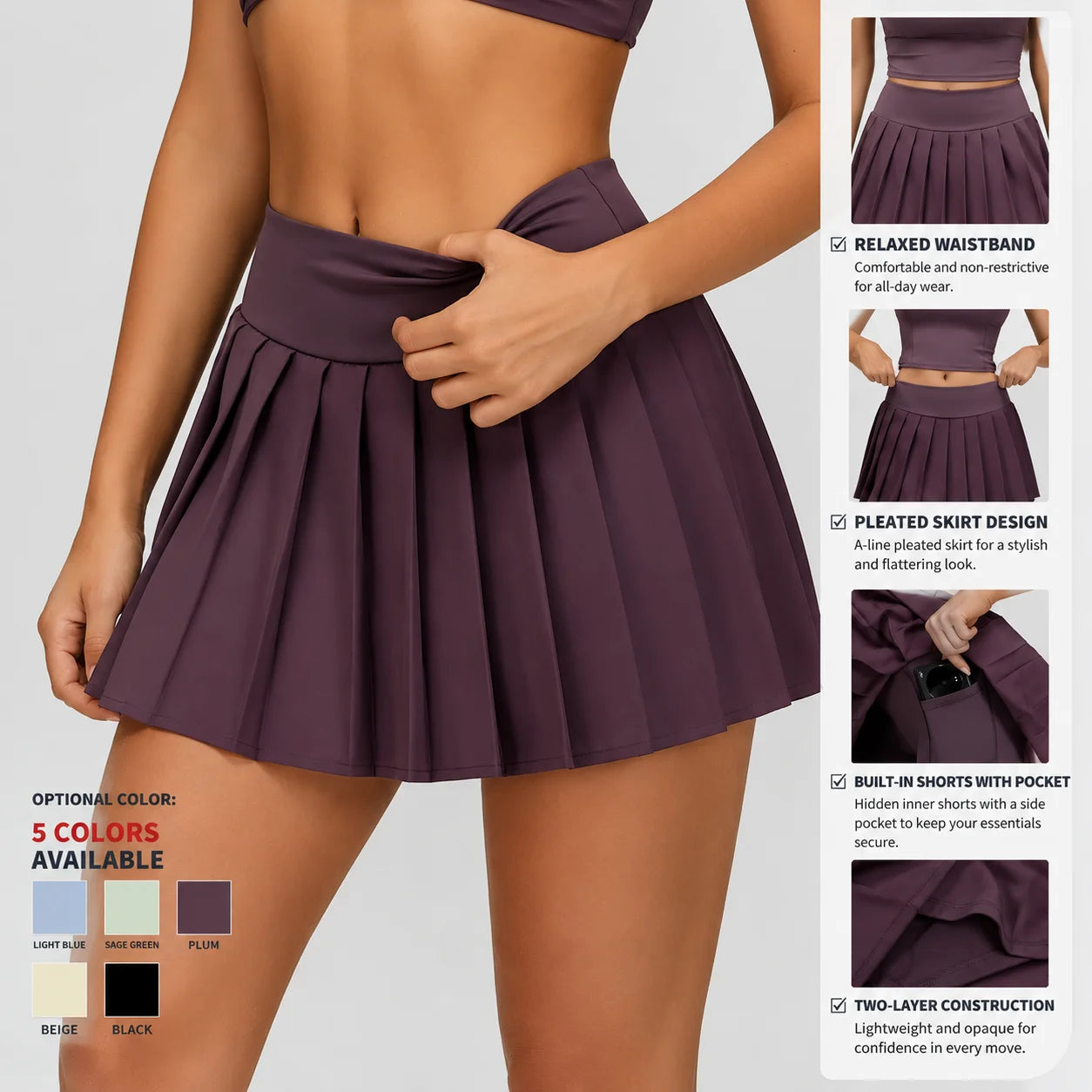 Women Solid High Waist Pleated Tennis Skirt Built-in Shorts Hidden Pockets 2 Layer Anti Chafe Golf Workout Athletic Skort