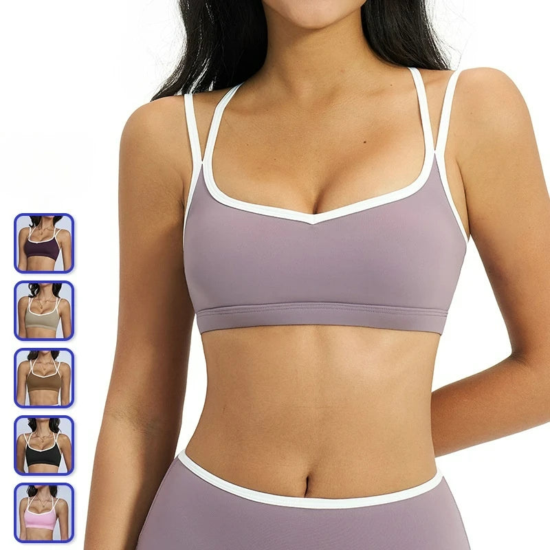 Yoga Bra Women Contrast Trim Dual Straps Wireless Padded Sports Bra Custom Logo Gym Workout Vest Tank Top