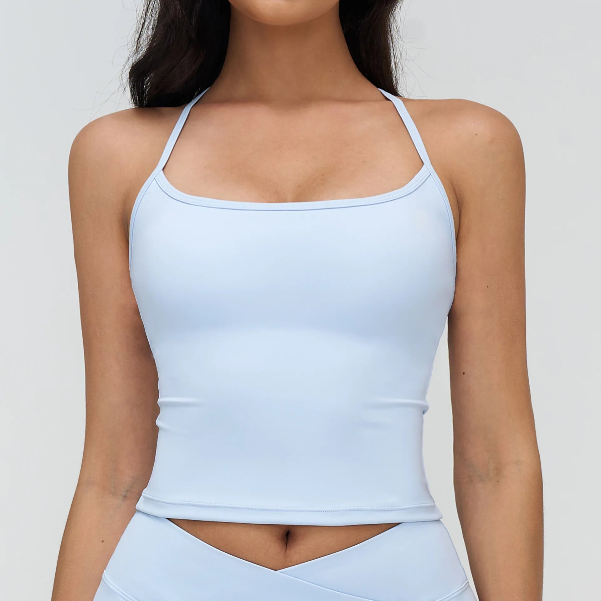 Women's Seamless Workout Set High Waist Booty Biker Shorts & Backless Sport Bra Breathable Yoga Outfits with Front Custom  Logo