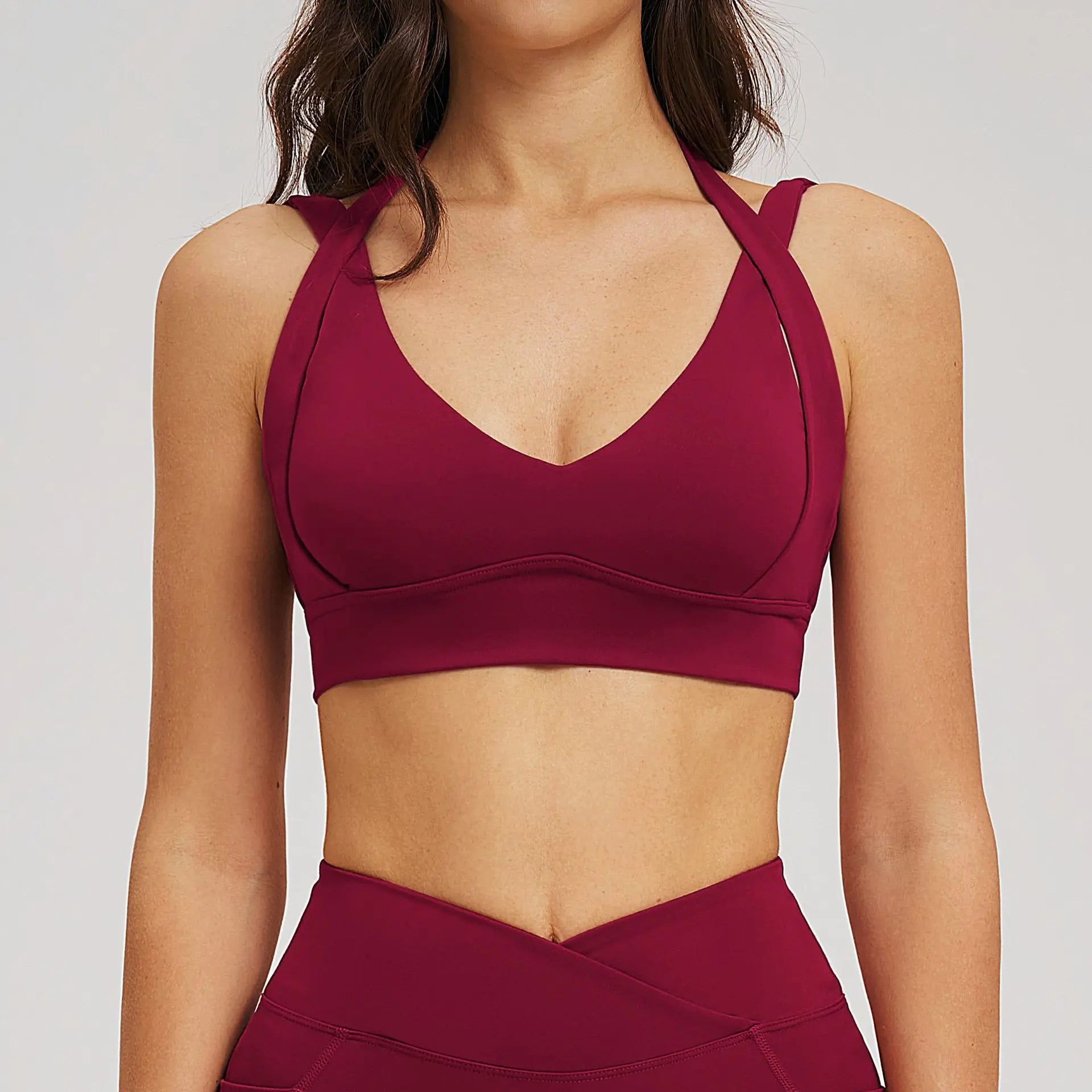 Women Halter Neck Strap Sports Bra Deep V Open Back Gym Crop Top Removable Padded Workout Yoga Bralette 5 Colors
