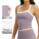Contrast Color Halter Yoga Tank Top Women Crisscross Open Back Crop Sports Vest With Removable Custom LOGO