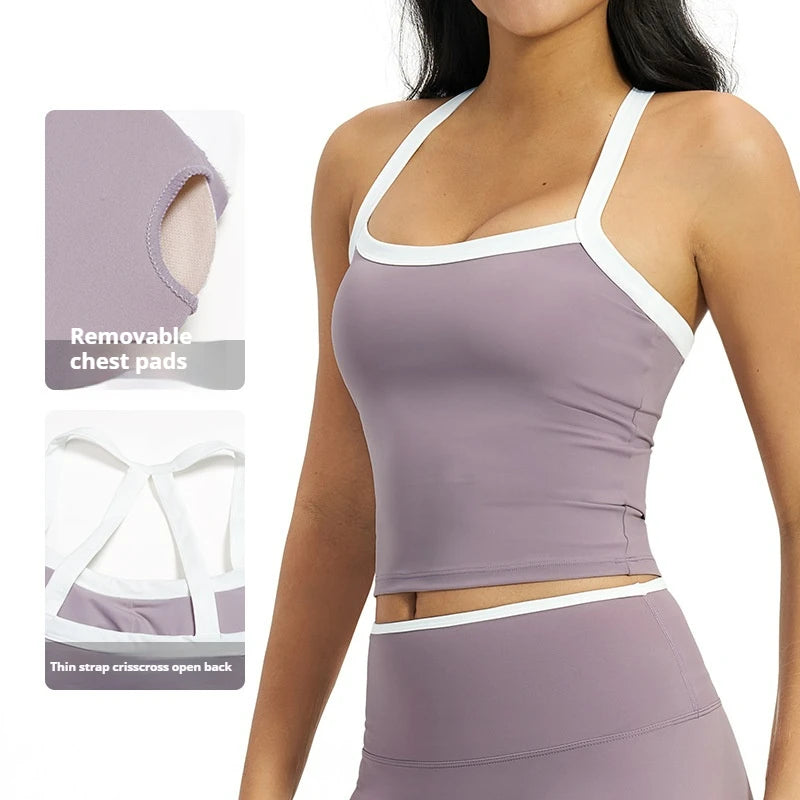 Contrast Color Halter Yoga Tank Top Women Crisscross Open Back Crop Sports Vest With Removable Custom LOGO