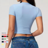 Custom Logo Women Crew Neck Yoga T Shirt Slim Fit Gym Crop Top Short Sleeve Workout Shirts Athletic Running Tee