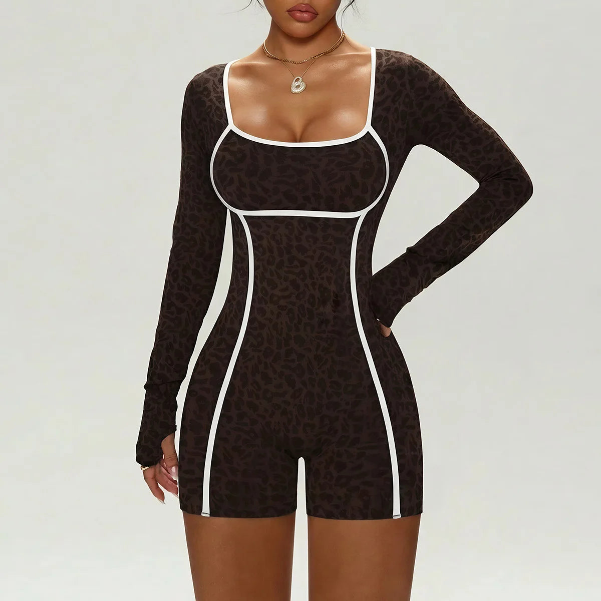 Leopard Seamless Activewear Women Long Sleeve Butt Lift Gym Workout Yoga Breathable & Quick-Dry Jumpsuits Workout Bodysuit