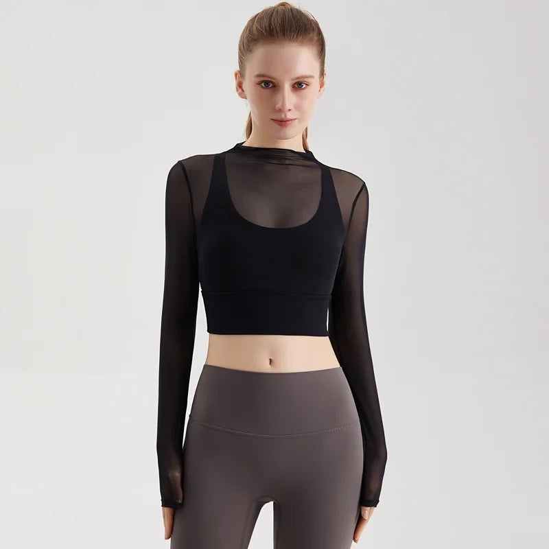 Women's Long Top Double Lined Sexy Sheer Mesh Compression Quick Dry Spandex/Nylon Athletic Workout Yoga Clothing