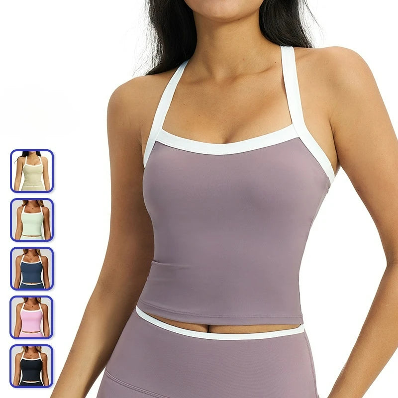 Contrast Color Halter Yoga Tank Top Women Crisscross Open Back Crop Sports Vest With Removable Custom LOGO
