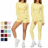 Custom Logo Yoga Set Long Sleeve 2 Piece Workout Set Women High Waist Leggings Shorts Gym Fitness Wear  Quick Dry