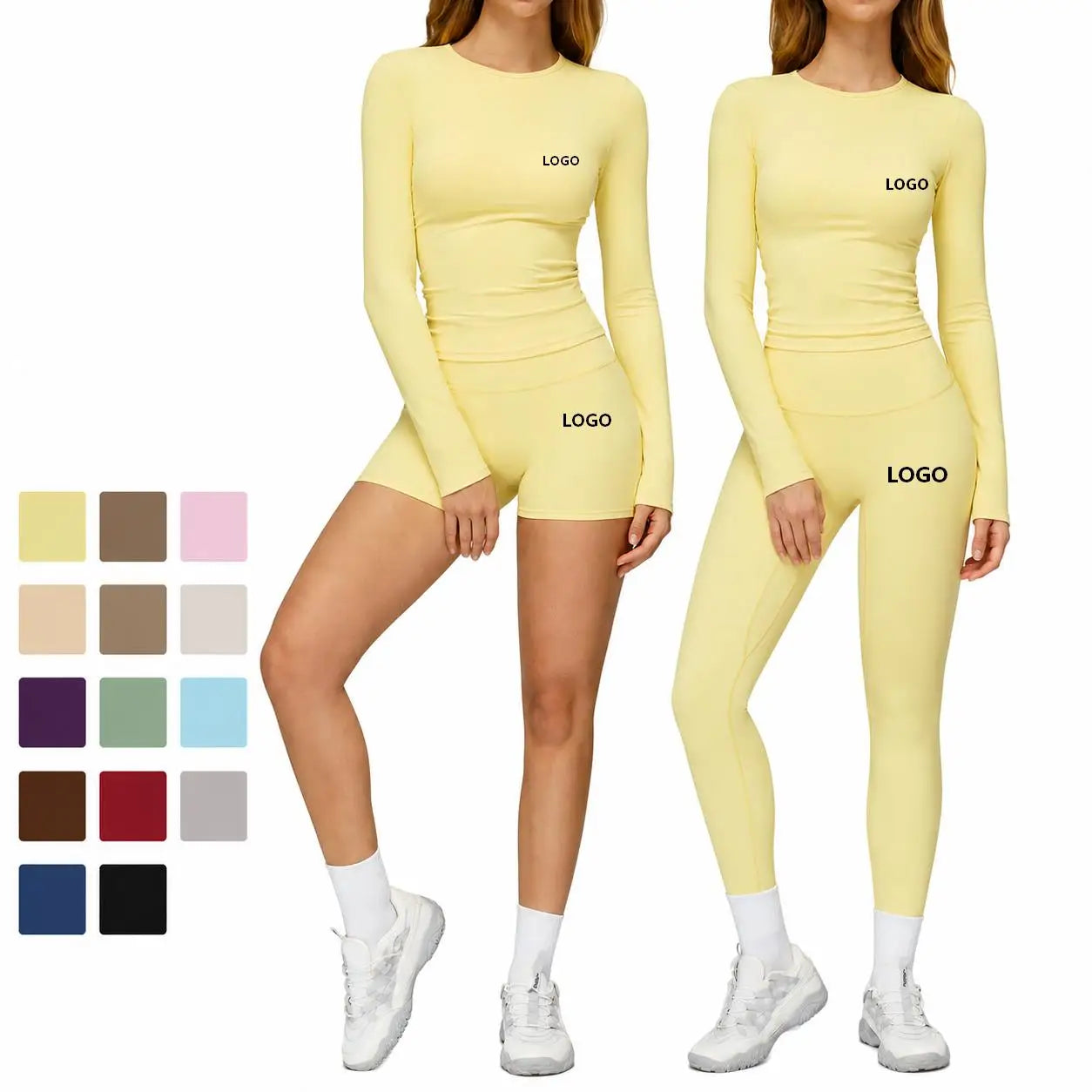 Custom Logo Yoga Set Long Sleeve 2 Piece Workout Set Women High Waist Leggings Shorts Gym Fitness Wear  Quick Dry