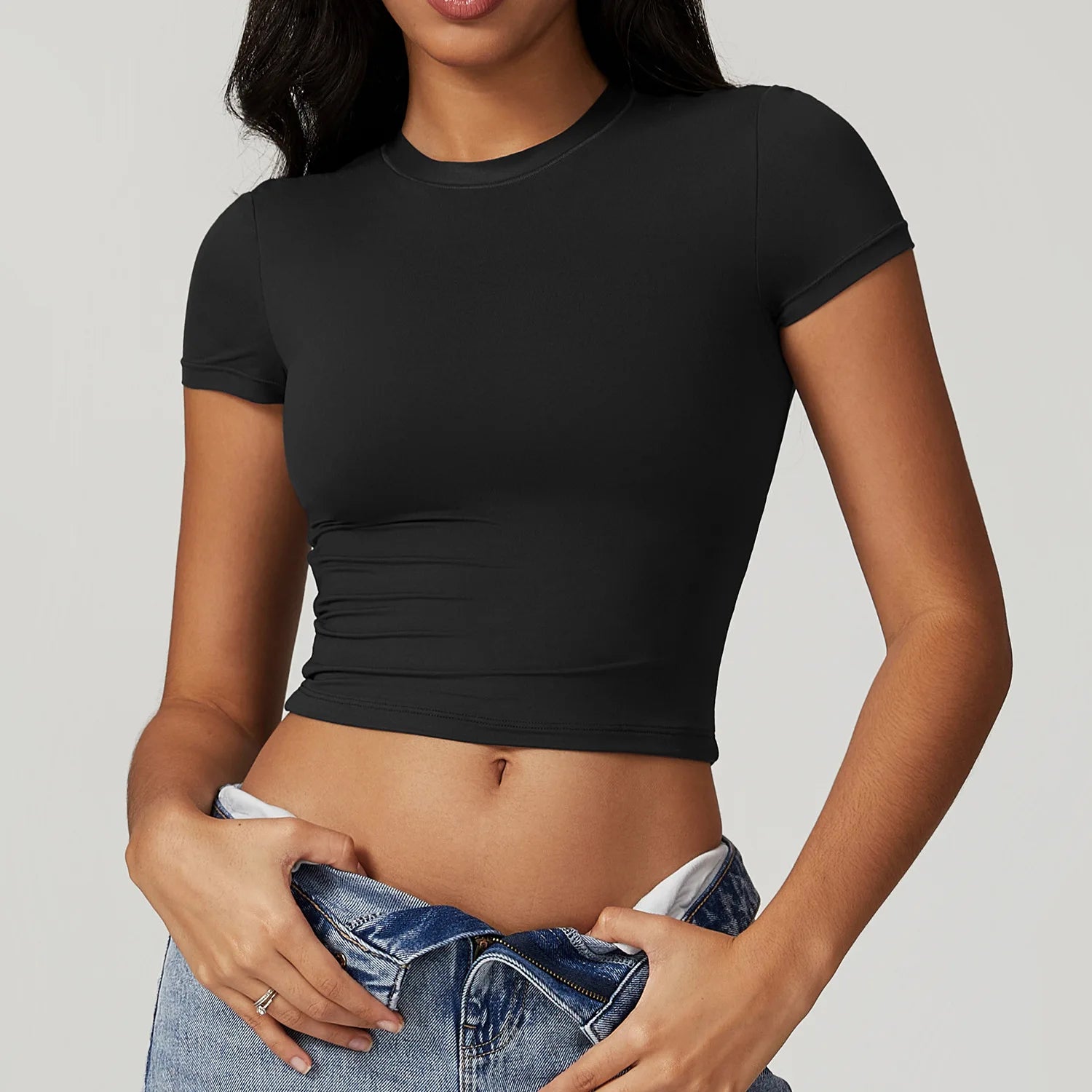 Custom Logo Women Crew Neck Yoga T Shirt Slim Fit Gym Crop Top Short Sleeve Workout Shirts Athletic Running Tee