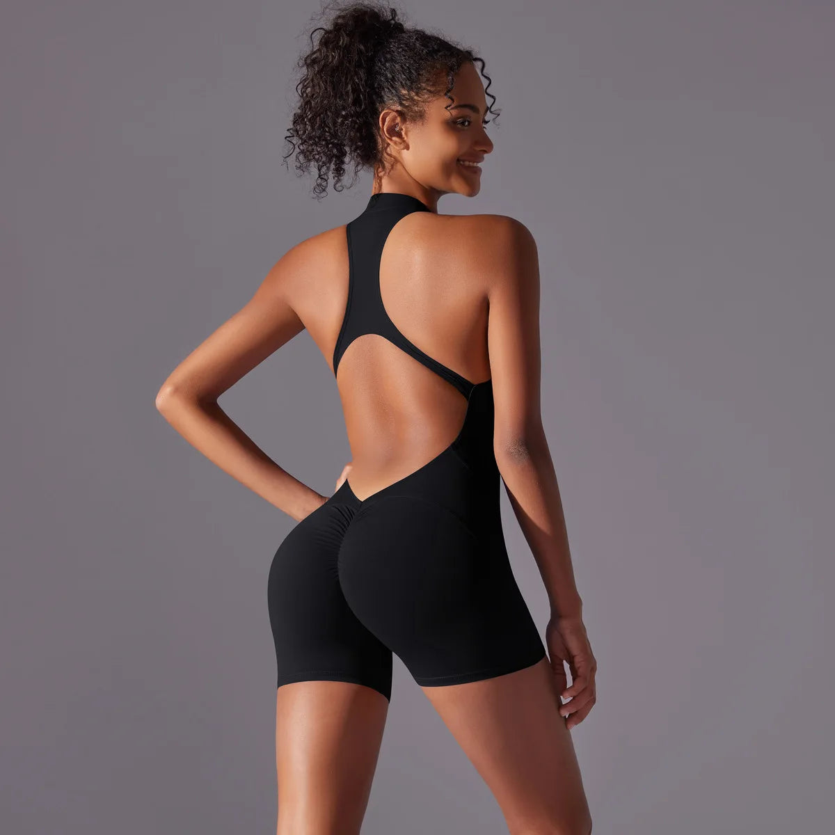 Halter Neck Yoga Jumpsuit Front Zip Backless Romper Scrunch Butt Bodysuit One Piece Shorts Fitness Set Custom LOGO