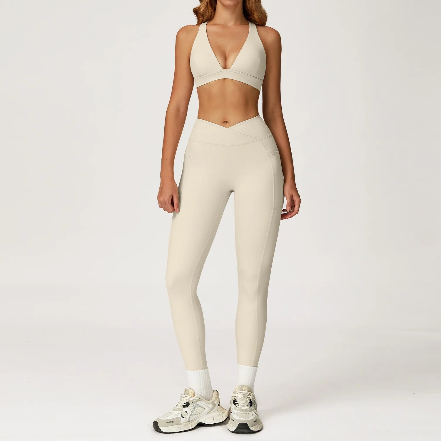 Women's Solid Athleisure 5-Piece Sports Bras+Gym Shorts+Yoga Leggings+Top Set Workout Clothes Sport Suit Front Logo