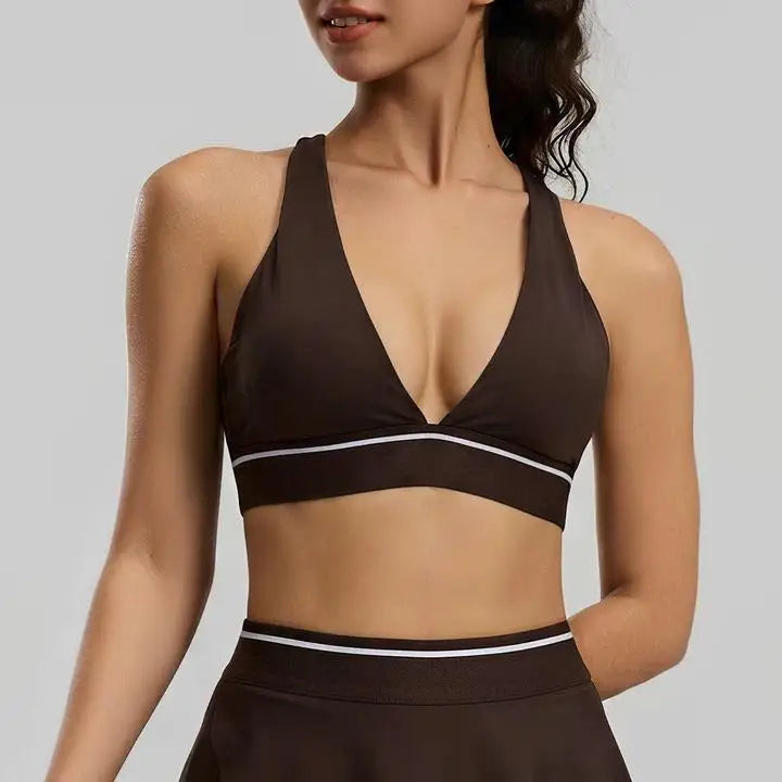 Women Deep V Neck Sports Bra Contrast Stripe Underband High Impact Workout Gym Crop Top Bralette Yoga Bra 8 Colors