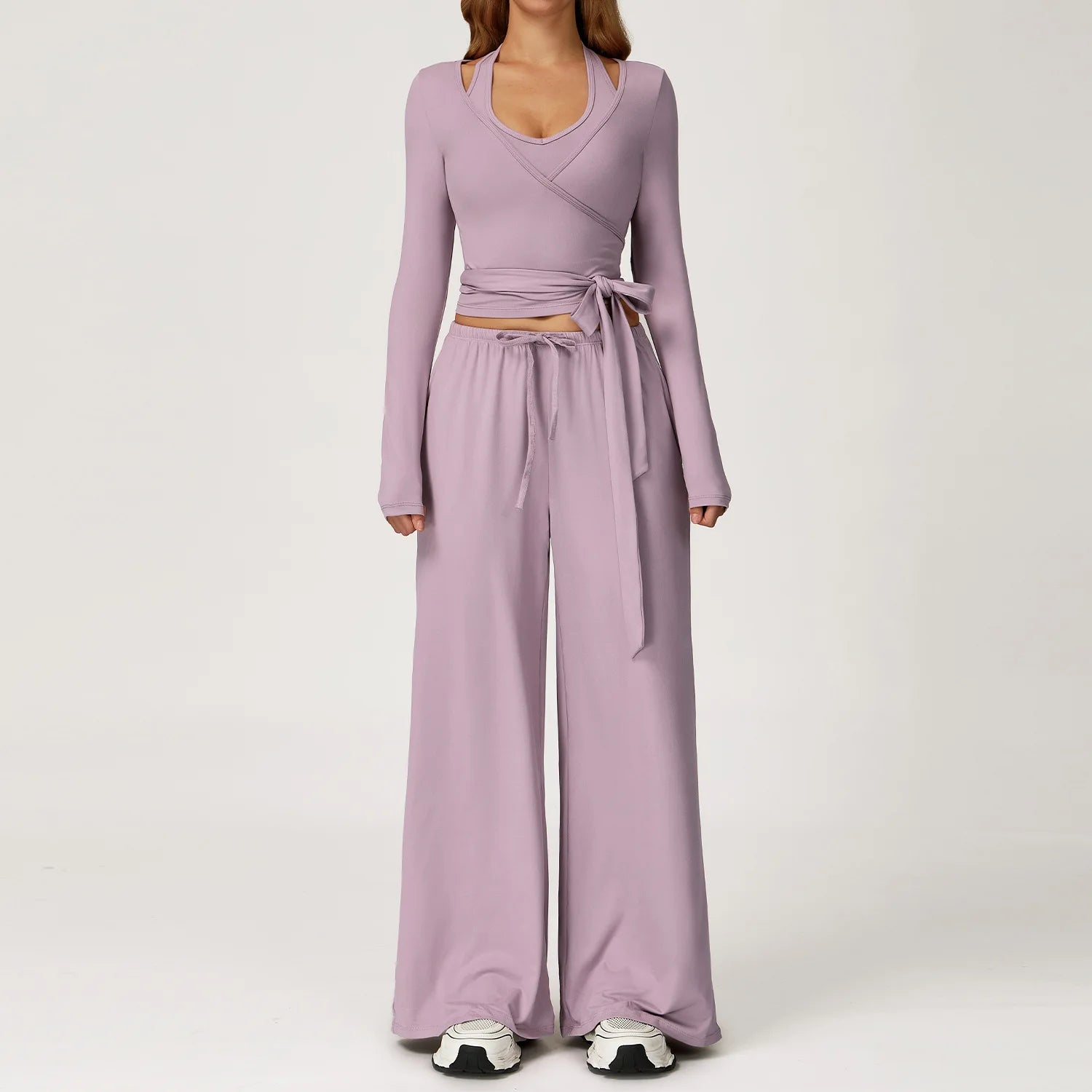 Women 3 Piece Solid Breathable Lounge Set Halter Crop Top Long Sleeve Wrap Cardigan Mid Waist Wide Leg Pants Tracksuit Custom