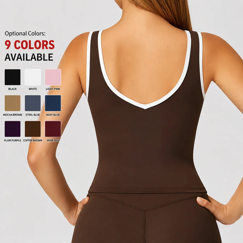 Contrast Binding Workout Tank Top Hollow V Back Padded Sports Bra Women Yoga Fitness Tops Para Mujeres Custom Logo