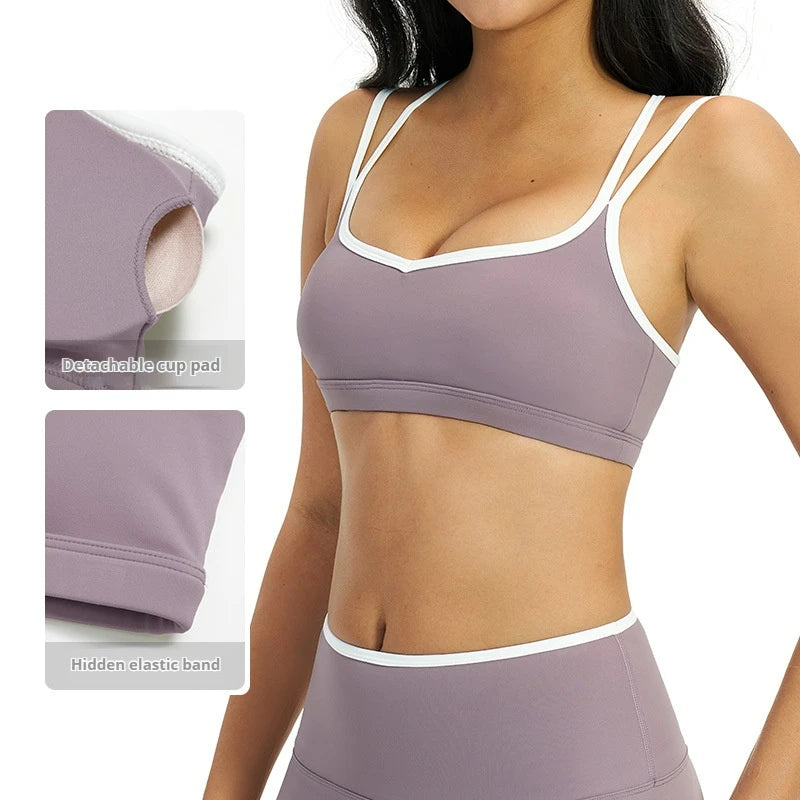 Yoga Bra Women Contrast Trim Dual Straps Wireless Padded Sports Bra Custom Logo Gym Workout Vest Tank Top