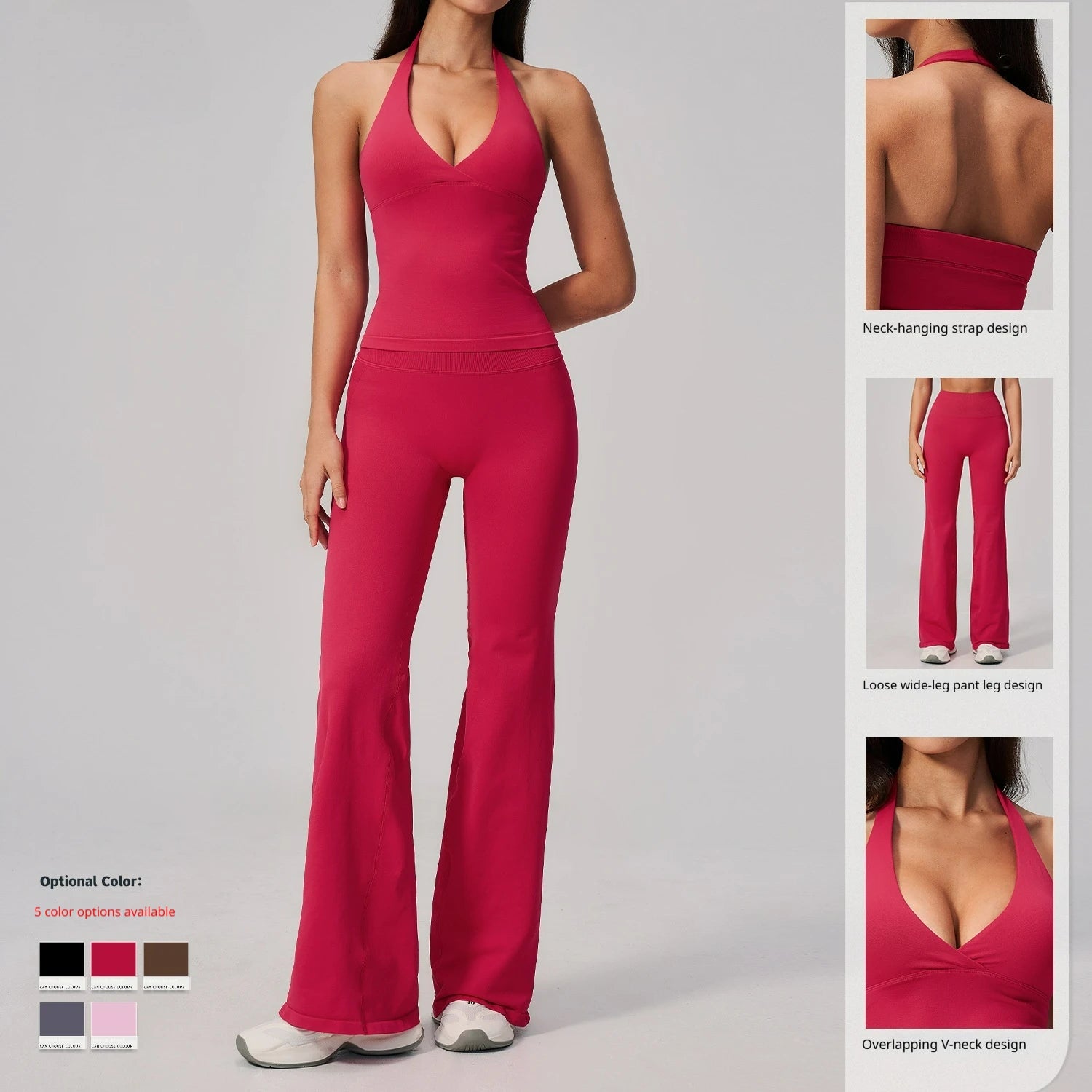 Women Seamless 2 Piece Outfits Workout Yoga Sports Track Suits Halter Neck Crop Top High Waist Flared Pant Sets Custom