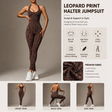 New Gym Fitness Sports Style Solid Yoga Jumpsuits Leopard Print V Backless Ruched Butt Lightweight Backless Breathable Women