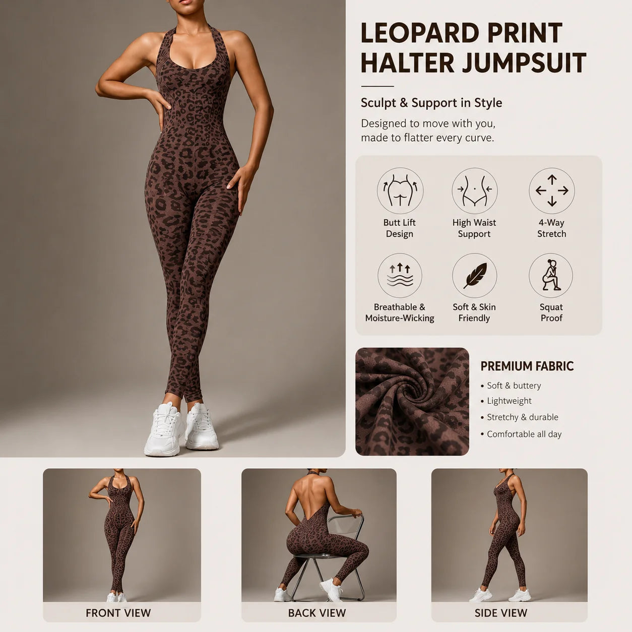 New Gym Fitness Sports Style Solid Yoga Jumpsuits Leopard Print V Backless Ruched Butt Lightweight Backless Breathable Women